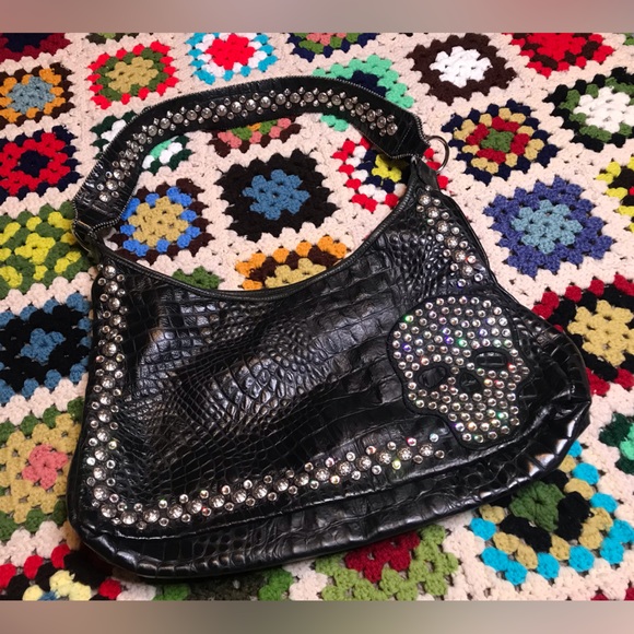 KurtMen design Black Rhinestone Skull textured Handbag Purse Halloween Luxury - Picture 3 of 15